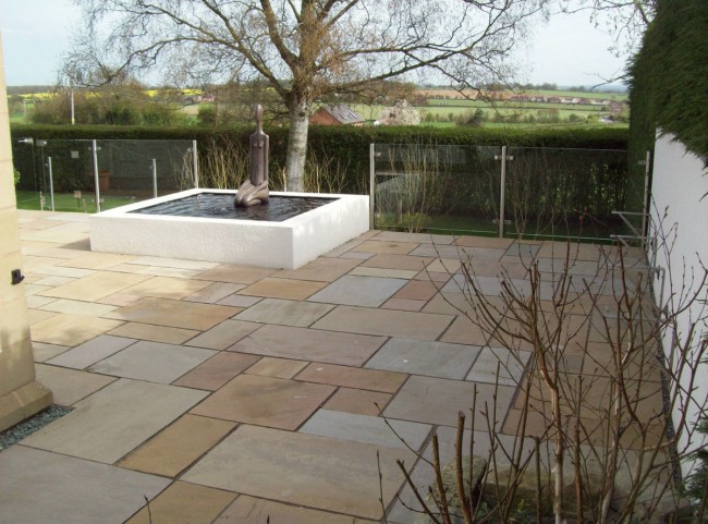 Natural Stone Paving Patio with Contemporary Water Feature
